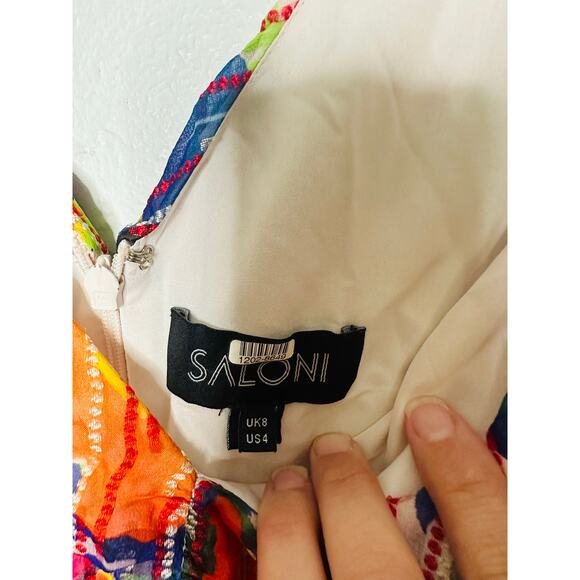 SALONI Pink Printed Silk Flutter Sleeves V-Neckline Ruffled Skirt Catia Dress 4 - Picture 6 of 15